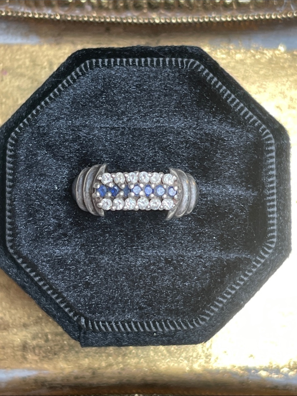 Vintage Silver Band Ring with Blue and White Stones
